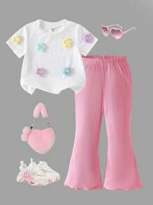 女宝宝夏季休闲韩版可爱圆领短袖花朵印花上衣T恤针织罗纹喇叭裤套装