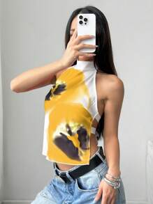 SHEIN EZwear 女式夏季花卉印花露背吊带背心 - 黃色 - 查看 6