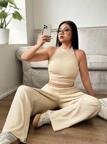 Solflare 2pcs Plus Size Women Apricot Color Sleeveless Top And Solid Color Long Pants Set - Apricot - View 1