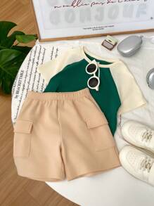 SHEIN 2pcs/Set Pakaian Anak Laki-Laki Kasual Serbaguna dengan Warna Kontras, Terdiri dari Kaos Lengan Raglan dan Celana Pendek - MultiWarna - View 3