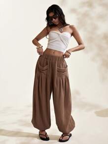 Easelle 2025年新款夏季女装波西米亚风度假风棕色梭织女式宽松双口袋阔腿裤 - 棕色 - 查看 2