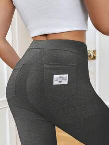 SHEIN Essnce Women's Casual Versatile Back Pocket Logo Skinny Capri Pants - Grey - View 6