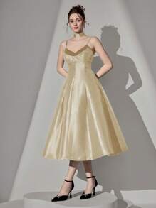 Poshira Spaghetti Strap A-Line Two Pieces Fake Collar Mini Dress, Party Dress, Prom Dress - Champagne - View 7