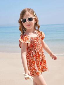 Joliand Joliand Jumpsuit De Niña Joven Con Volantes Y Estampado De Flores, Con Escote Cuadrado Y Mangas Cortas, Lindo Y Casual - Multicolor - Ver 3