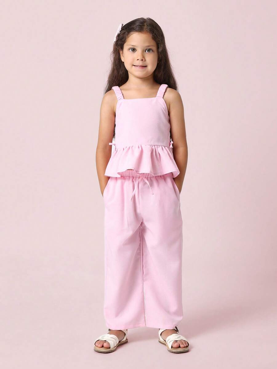 SUMWON 亚麻质感荷叶边上衣和下装套装，褶皱吊带，夏季度假套装，阔腿裤休闲度假沙滩装