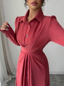 Modelyn Elegant French-Style Tie-Up Shirt Dress For Women Fall Cloth For Women - Watermelon Pink - View 6
