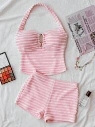 SHEIN Teen Girls 2pcs Vacation/Leisure Halter Top & Super Short Shorts Set, Pink Textured Cute Outfit Suitable For Summer Wear & Home