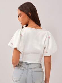 WESTFADE Summer Country Western Floral Embroidered Satin Lace Through Square Neck Cute Short Puff Sleeve Cowgirl Rodeo Crop Top - White - View 5