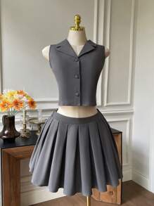 Comfortcana Set di 2 pezzi da donna oversize per l'estate, top senza maniche con bottoni frontali e gonna plissettata in tinta unita