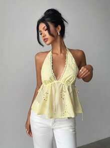 Aloruh Women's TYK Butter Yellow Cute V-Neck Side Tie-Up Revealing Back Ruched Embroidered Tank Top Women Summer Top Women Yellow Top Women Summer - Khaki - View 1