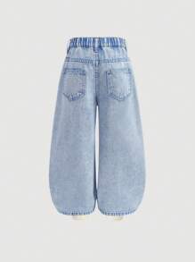 SHEIN Young Girl' Loose Distressed Blue Denim Jeans With Smiling Face & Floral Graffiti Print - Light Wash - View 2