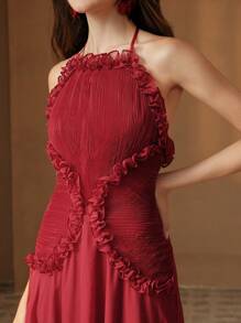 Anewsta Elegante abito midi rosso con spallina a spaghetti, vita arricciata e balza, abito da festa formale di alta qualità mini