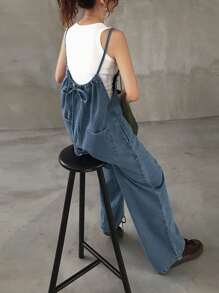 FRIFUL 女式直筒海军蓝纽扣式吊带牛仔背带裤和连体裤，春季 - 淺色水洗藍 - 查看 1