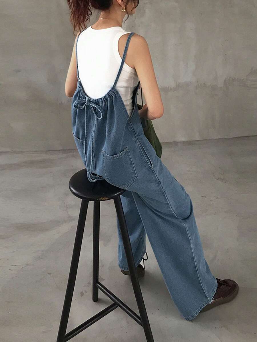 FRIFUL 女式直筒海军蓝纽扣式吊带牛仔背带裤和连体裤，春季 - 淺色水洗藍 - 查看 1