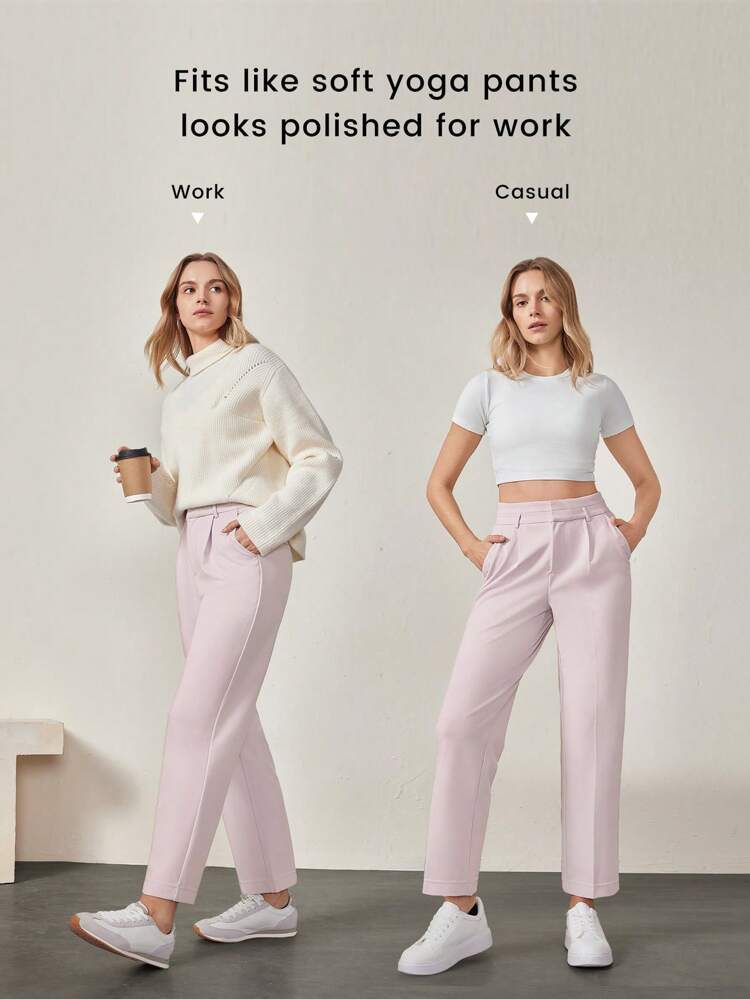 Power Hour Wrinkle-Resistant Stretchy Easy Pull-On High-Waist Tapered Work Pants With Side Pockets Daily Casual Work  Spring Summer