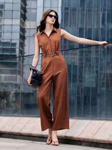 BizChic 2025 Summer New Music Festival Party Look, Versatile Spring/Summer Fashion, Suitable For Weddings, Brunch, Casual/Work Outfits, Office, Date - Women Elegant Sleeveless Jumpsuit With Shirt Collar, Metal Buckle Belt, Brown - Coffee Brown - View 10