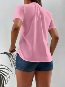 INAWLY Women's Fashion Single Breasted Short Sleeve Shirt - Pink - View 2
