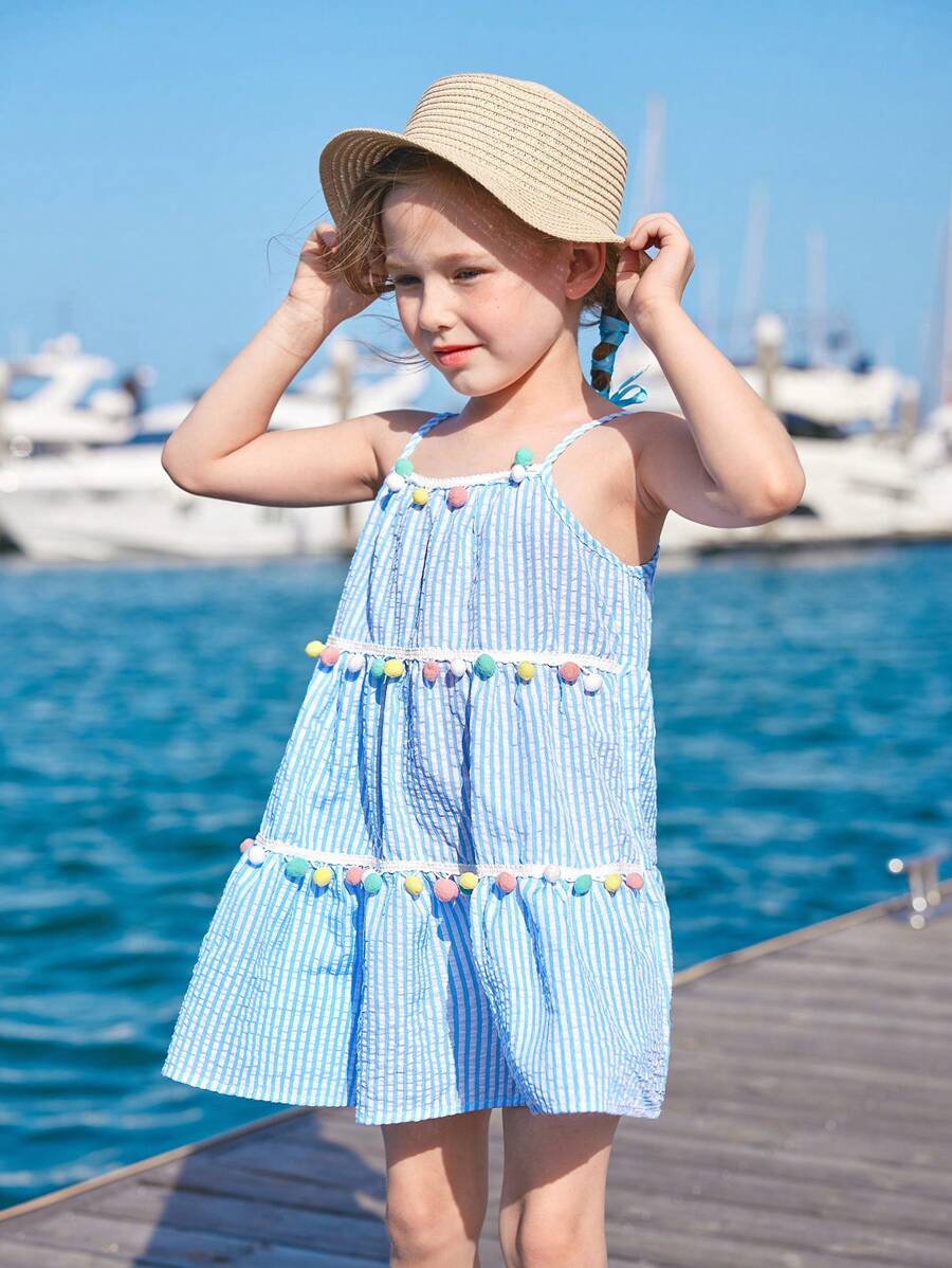 Joliand Joliand Cô Gái Trẻ Sọc Pompom Váy Dây - Xanh và trắng - Xem 1