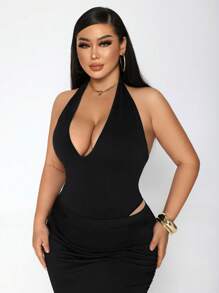 SHEIN SXY Set da 2 pezzi di taglia comoda, composto da body aderente con schiena profonda e gonna dritta con spacco alto, adatto per strada, casual, sexy, vita quotidiana, viaggi, shopping, appuntamenti. Fresco e comodo da indossare, facile da abbinare, slanciante e valorizzante per la figura.