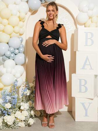 Loomaby 孕妇优雅派对渐变色镂空褶皱连衣裙