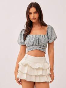 WESTFADE Summer Floral Patterned Lace Printed Chambray Square Neck Short Puff Sleeve Cute Bow Back Crop Denim Top Spring Break Beach Vacation