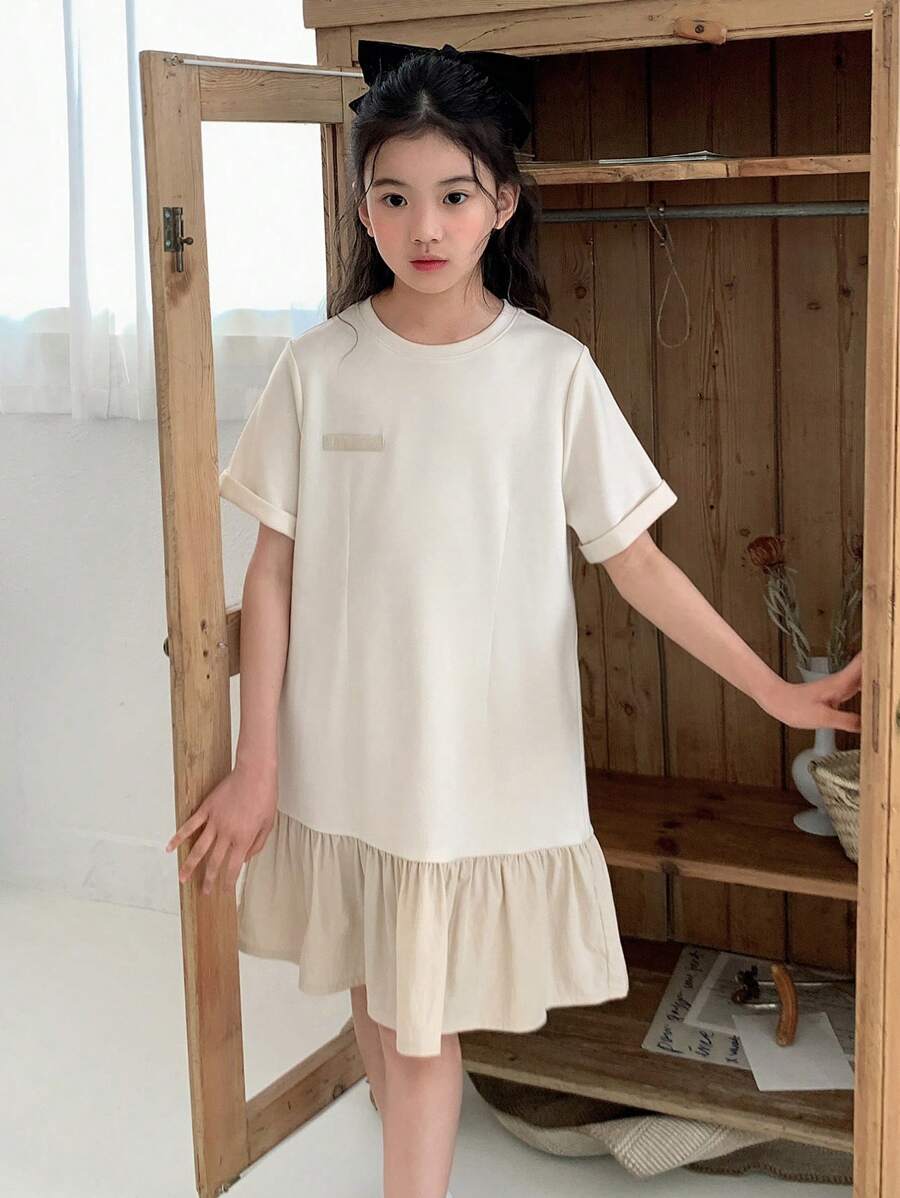 Dazy Kids Tween Girl Ruffle Hem Round Neck Short Sleeve Summer Dress,Back To School Clothes - Apricot - View 1