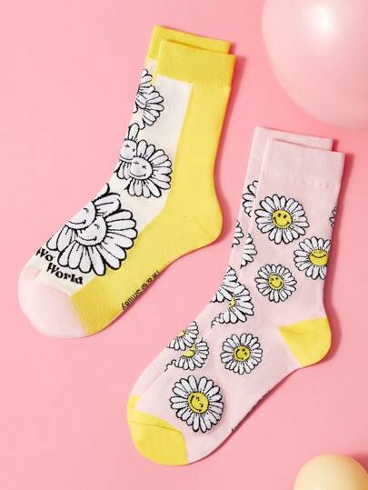 SmileyWorld® | SHEIN 2 Pairs Soft Breathable Daisy Floral Pattern Crew Socks For Women, With Reinforced Toe & Heel, Suitable For All Seasons