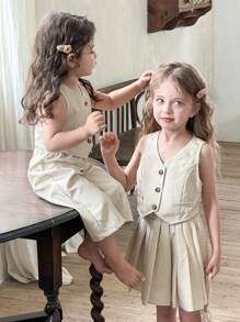 LMoss Kids 2 pezzi Set giovane ragazza, completo con gilet in tinta unita e gonna a-line