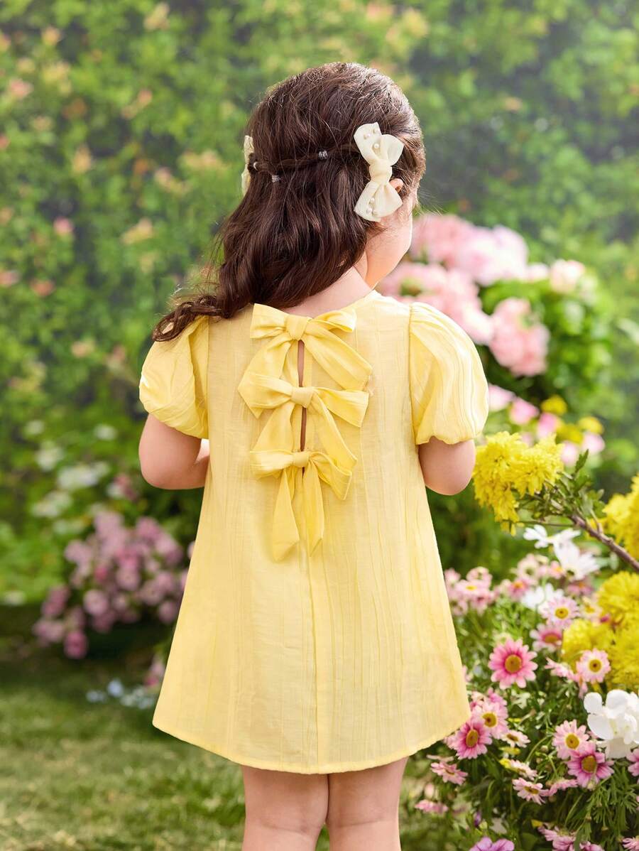 SHEIN 女婴纯色圆领泡泡袖梭织连衣裙 - 黃色 - 查看 1