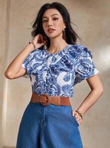 DAZY Elegant Floral Print Round Neck Ruffle Cuff Blouse For Women, Summer Vacation - Blue - View 5