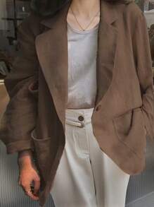 DAZY 女士春夏周末休闲宽松亚麻西装外套商务装 - 棕色 - 查看 4