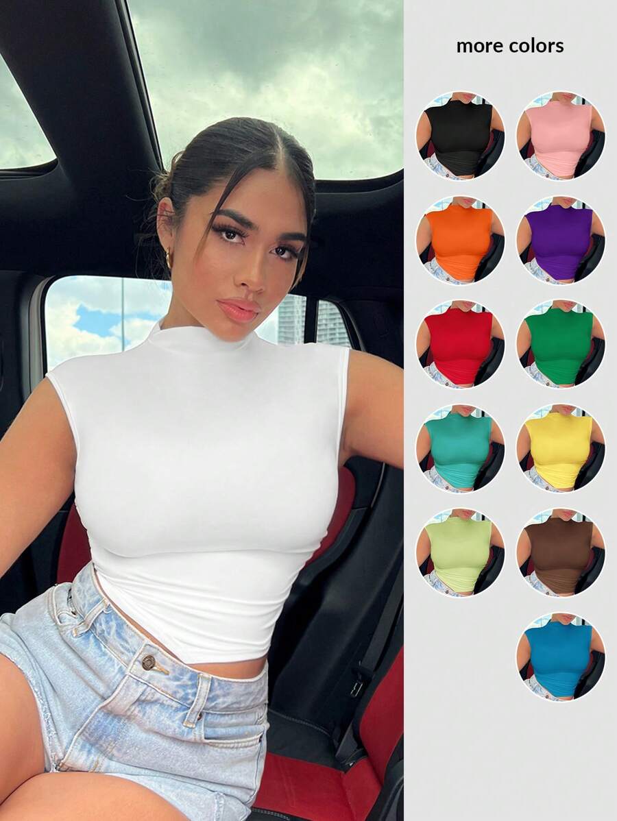 SHEIN SXY Camiseta de cuello alto fruncida de color sólido y sexy para el verano - Blanco - Ver 1