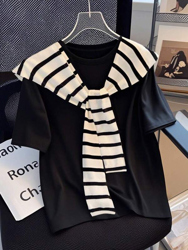 INAWLY Plus Size Casual Daily Commute Simple Color Block Short Sleeve T-Shirt