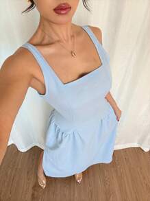 SHEIN Clasi Women's Elegant Summer Light Blue Tea Party Dress, Backless Boho Square Neck Sleeveless Long Dress With Tie Waist&Side Split For Vacation - Blue - View 3