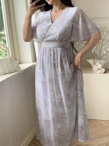 DAZY Damen Kleid mit V-Ausschnitt und Kurzarm, modischer Sommerstil - Violett - Übersicht 4