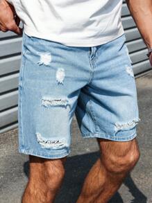 Manfinity Homme Men's Loose Casual Ripped Pocket Denim Shorts, Versatile  Blue Short Jeans Ripped Jean Shorts Men