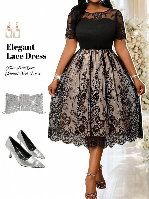 Fleurora Elegantes Kleid mit Spitzeneinsatz, Rundhalsausschnitt und kurzen Ärmeln für große Größen, geeignet als Sommeroutfit für Kreuzfahrten, formelle Kleider für Frauen
