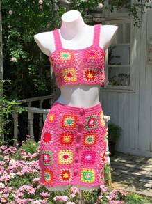 Comfortcana 2 Pieces Set Women Summer Vacation Fashion Hollow Knit Camisole & Mini Skirt - Pink - View 6