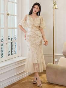 DAZY 1 件女式闪亮亮片美人鱼风格披肩领连衣裙，网眼拼布婚礼派对礼服 - 香檳色 - 查看 12