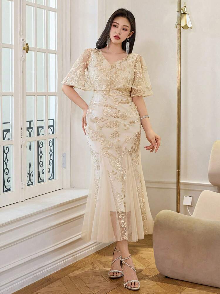 1pc Women's Shiny Sequin Mermaid Style Shawl Collar Dress, Mesh Patchwork Wedding Party Gown'