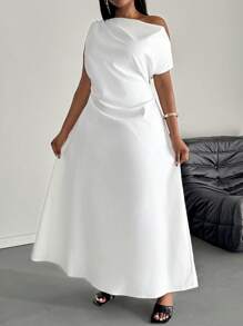 SHEIN PETITE CURVE 大码女式纯色不对称领口荷叶边优雅连衣裙 - 白色 - 查看 3