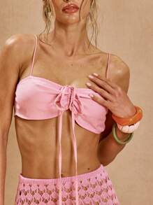 MUSERA Áo bralette dây mảnh, thắt nơ phía trước, xếp ly ở phần ngực, chất liệu giả vải lanh, phong cách mùa xuân, boho, Ibiza, thanh lịch, câu lạc bộ bãi biển, lễ hội hóa trang, mùa hè. - Hồng - Xem 2