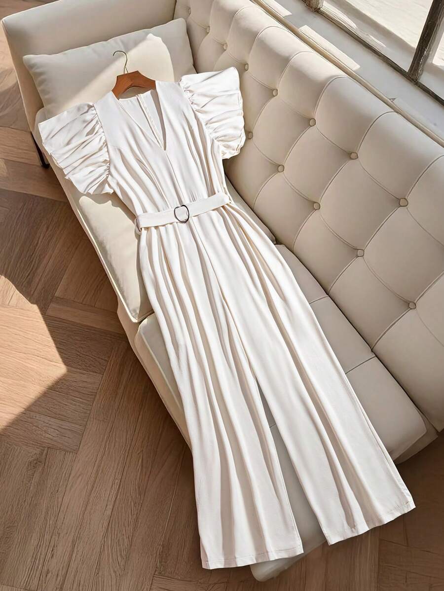 SHEIN Unity Jumpsuit Elegan Ukuran Plus Warna Polos Leher V dengan Ikat Pinggang dan Hem Berumbai - Aprikot - View 1