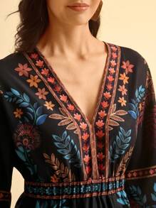 CAJUNI Casual Tropical Colorful Floral Retro Print Deep V-Neck Backless Maxi Dress For Women - Multicolor - View 4