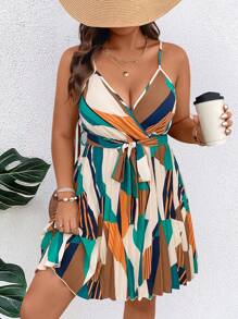 Breezaya Vestito mini con fantasia geometrica, bretelline e volant sulla gonna, taglie comode per donna