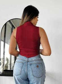 SHEIN SXY Summer Sexy Mock Neck Asymmetrical Hem Tank Top - Burgundy - View 2