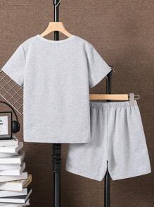 SHEIN 2pcs/Set Tween Boy Casual College Style Color Block Hoodie Shirt & White Shorts Set, Suitable For Commuting, School, Daily Casual Wear, Sports, Spring/Summer