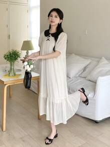 SHEIN 少女杏色梭织撞色黑色休闲优雅甜美拼色娃娃裙蝴蝶结装饰梭织短袖连衣裙，夏季，返校季 - 杏色 - 查看 4