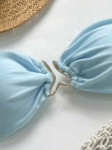 Swim Mod Conjunto de bikini de 2 piezas para mujer de verano, de unicolor, sin tirantes, con decoración metálica y atar