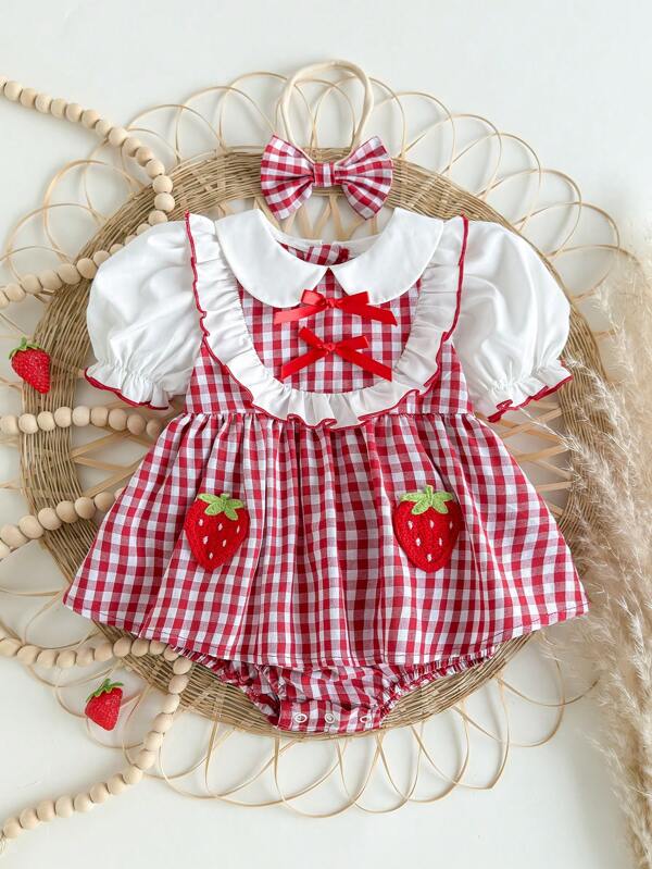 SHEIN Pelele con estampado de fresa y cuello Peter Pan a cuadros rojos y blancos con diadema, para bebé niña recién nacida, para verano